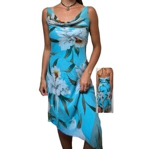 Vintage y2k Laundry by Shelli Segal Silk Blue Floral Asymmetrical Midi Dress 2